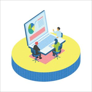 Illustration of two people reviewing a chart on a laptop screen while a colleague presents