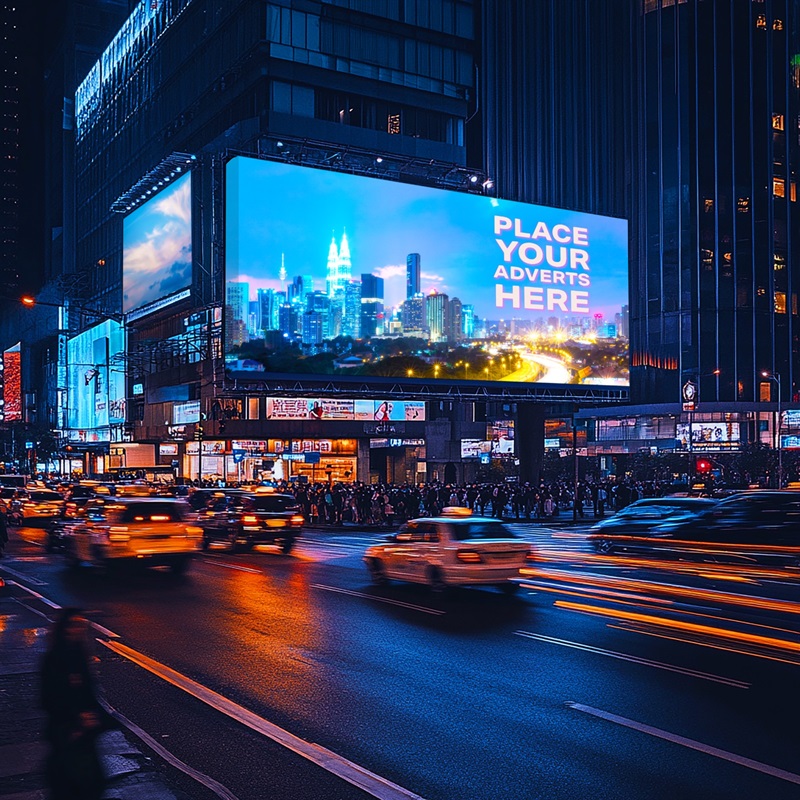 Nighttime 3D mockup of a large digital billboard overlooking a busy city intersection.