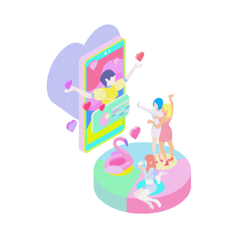 Isometric illustration of people interacting with social media content emerging from a smartphone