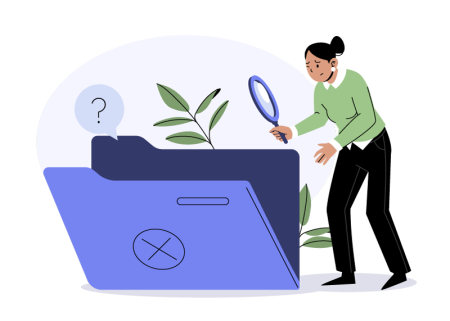 Illustration of a woman using a magnifying glass to look inside an empty file folder, representing a "not found" error.